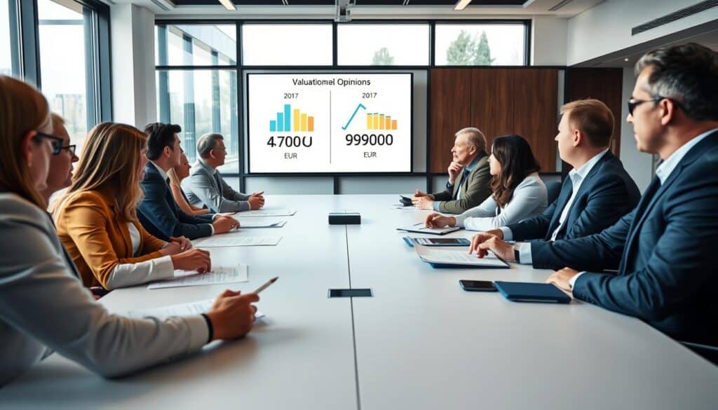 A professional meeting room filled with experts discussing valuation opinions, focused on two contrasting figures: 4,700 EUR and 9,900 EUR. In the foreground, a diverse group of well-dressed business professionals, engaging in a dynamic discussion, some pointing at documents and charts laid out on a sleek conference table. The middle ground shows a large digital screen displaying graphical contrasts of both valuations in a clear, informative style. In the background, large windows allow natural light to illuminate the space, creating a bright and inviting atmosphere. The scene conveys a mood of professionalism, collaboration, and analytical discussion, captured from an angle that emphasizes the interaction among the experts and the visuals on display. A professional meeting room filled with experts discussing valuation opinions, focused on two contrasting figures: 4,700 EUR and 9,900 EUR. In the foreground, a diverse group of well-dressed business professionals, engaging in a dynamic discussion, some pointing at documents and charts laid out on a sleek conference table. The middle ground shows a large digital screen displaying graphical contrasts of both valuations in a clear, informative style. In the background, large windows allow natural light to illuminate the space, creating a bright and inviting atmosphere. The scene conveys a mood of professionalism, collaboration, and analytical discussion, captured from an angle that emphasizes the interaction among the experts and the visuals on display.