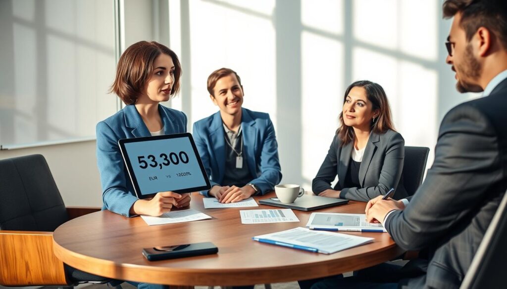 A professional meeting room setting, depicting a diverse group of three business professionals engaged in a discussion about insurance valuations. In the foreground, a female consultant with short brown hair wears a smart blue blazer and is pointing to a digital tablet displaying two contrasting insurance valuations: 5,300 EUR vs. 12,000 EUR. The middle ground features a round wooden table with financial documents, pens, and a laptop. In the background, large windows allow natural light to stream in, creating a bright and open atmosphere. Soft shadows cast on the walls enhance depth. The overall mood is focused and analytical, reflecting a serious yet collaborative discussion on valuation discrepancies. The image should be crisp, well-lit, and professionally composed, capturing the essence of the topic.