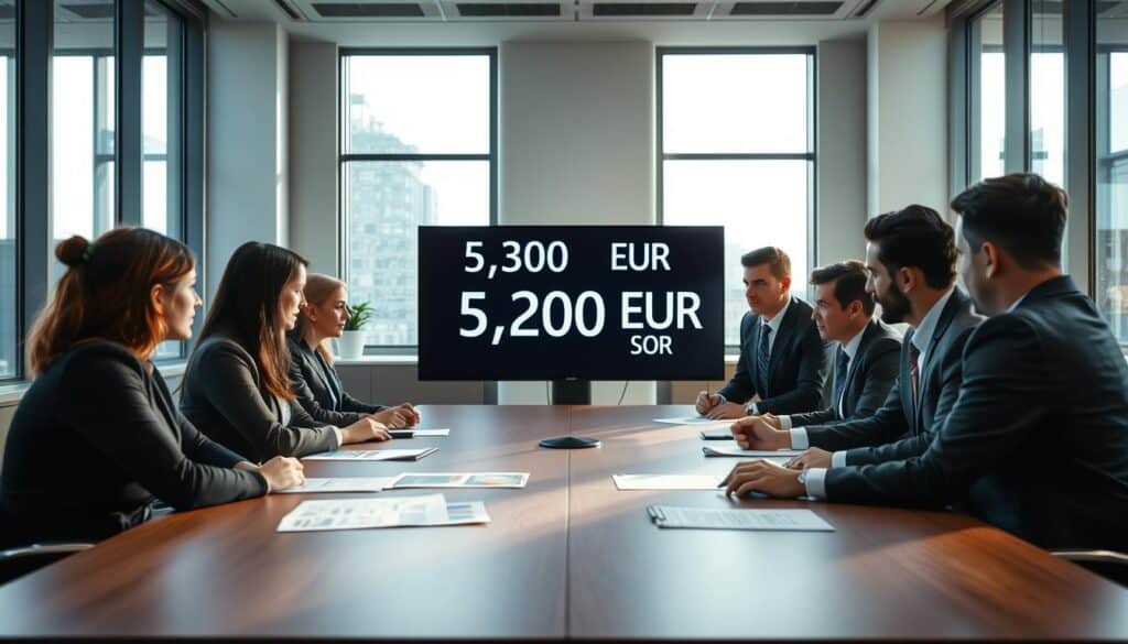 A professional meeting room setting with two groups of people, dressed in formal business attire, engaged in a discussion about insurance valuation. In the foreground, a diverse group of three individuals – one woman and two men – are facing off over a table, looking at charts and documents labeled "5,300 EUR". In the middle, a large digital screen displays contrasting numbers: "5,300 EUR" on one side and "12,000 EUR" on the other. The background features a modern office with large windows allowing natural light to flood in, casting soft shadows. The atmosphere is tense yet professional, reflecting the serious nature of the discussion on insurance priorities. Use a wide-angle perspective to capture the entire room, emphasizing the stakes involved in the valuation debate. A professional meeting room setting with two groups of people, dressed in formal business attire, engaged in a discussion about insurance valuation. In the foreground, a diverse group of three individuals – one woman and two men – are facing off over a table, looking at charts and documents labeled "5,300 EUR". In the middle, a large digital screen displays contrasting numbers: "5,300 EUR" on one side and "12,000 EUR" on the other. The background features a modern office with large windows allowing natural light to flood in, casting soft shadows. The atmosphere is tense yet professional, reflecting the serious nature of the discussion on insurance priorities. Use a wide-angle perspective to capture the entire room, emphasizing the stakes involved in the valuation debate.
