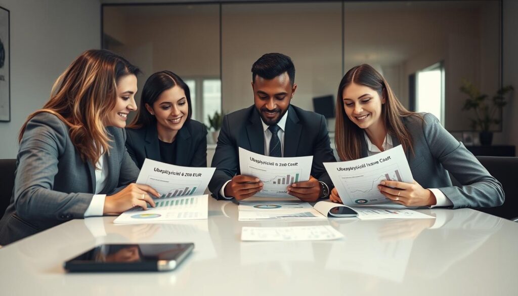 A professional meeting scene focused on evaluating insurance costs, featuring a diverse group of three business professionals gathered around a sleek conference table. Each person, dressed in formal business attire, is intently analyzing documents that display charts and figures relevant to insurance evaluations, specifically “Ubezpieczyciel 6 200 EUR.” The atmosphere is serious yet collaborative, emphasizing critical discussion on common mistakes in insurance appraisal. Behind them, a large window lets in natural light, illuminating the room and creating a warm ambiance. The background includes a modern office setting with subtle decor, hinting at a financial atmosphere. The scene is captured from a slightly elevated angle, giving a clear view of the professionals and their engaging expressions. Soft focus on the background enhances the main subjects.