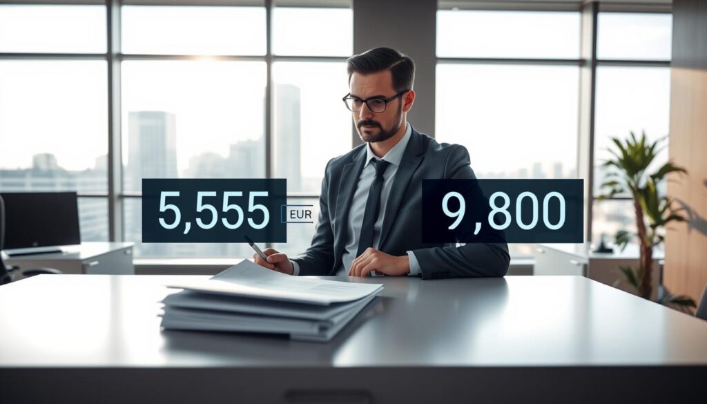 A professional, modern office environment focused on insurance assessments. In the foreground, a confident insurance adjuster in business attire, reviewing documents on a sleek desk. In the middle, a digital display showing contrasting evaluation figures: 5,555 EUR on one side, 9,800 EUR on the other, symbolizing different valuation perspectives. The background features a large window with natural light pouring in, casting soft shadows, and cityscape views. The atmosphere is analytical and serious, with neutral color tones and a high-tech vibe, emphasizing the importance of accurate insurance evaluations in the financial field.