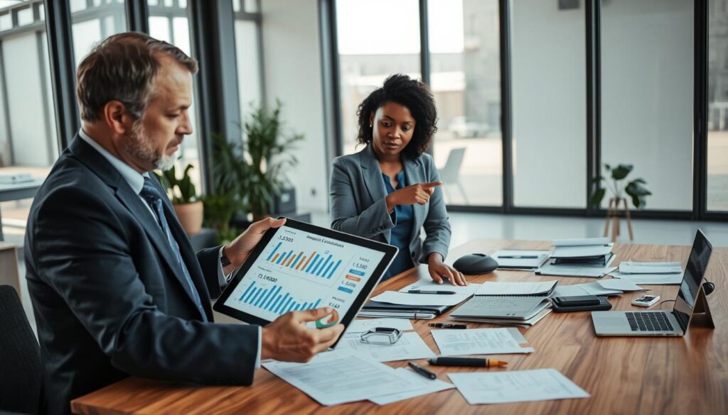 A professional office environment depicting a thoughtful analysis of damage assessment. In the foreground, a middle-aged Caucasian man in a business suit examines a digital tablet with graphs and figures, symbolizing insurance estimates. Beside him, a confident woman of African descent in professional attire discusses with him, pointing to a chart displaying the sums 5,555 EUR and 9,800 EUR. In the middle ground, a large wooden desk cluttered with paperwork, a laptop, and various assessment tools. The background features a bright office with large windows letting in natural light, giving a sense of clarity and focus. The mood conveys professionalism and determination, capturing the complex process of claim investigation and evaluation.