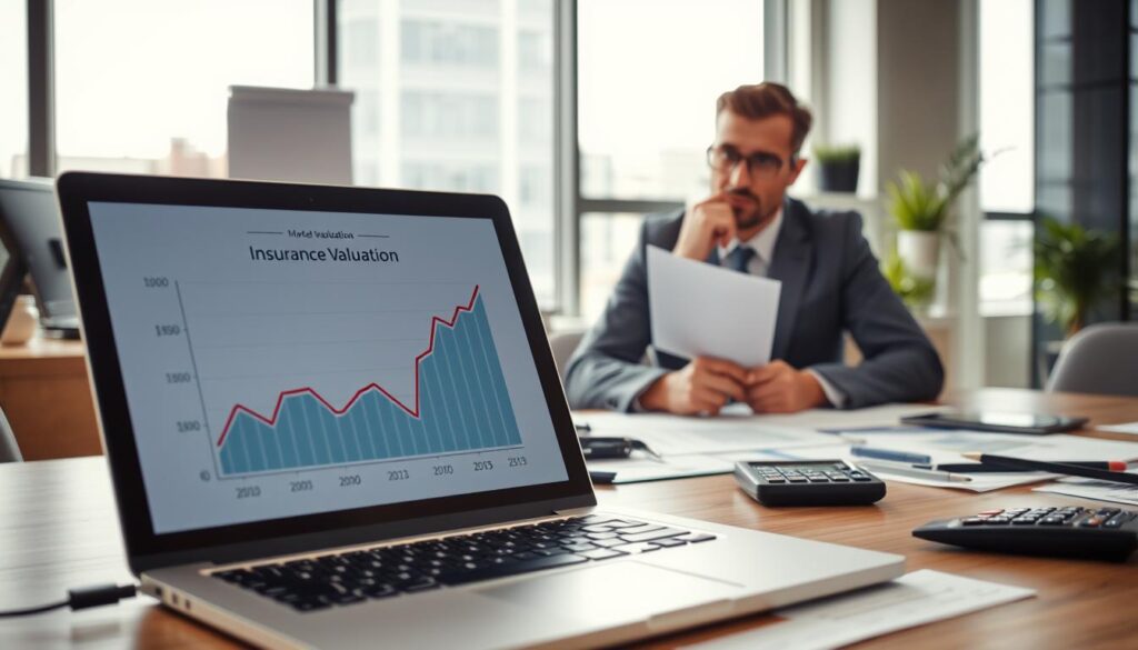 A professional office environment featuring a detailed desk setup that represents the valuation process. In the foreground, a sleek laptop displays a detailed graph comparing insurance valuation figures prominently, surrounded by charts, papers, and a calculator. In the middle ground, a confident businessperson in professional attire reviews documents, with a thoughtful expression, suggesting contemplation of the valuation figures. The background shows a modern office with large windows allowing natural light to flood in, creating a bright and productive atmosphere. The scene is well-lit with soft shadows to enhance depth, captured from a slightly elevated angle to provide an overview of the workspace while maintaining focus on the valuation elements. The mood is analytical and serious, emphasizing the importance of accurate valuation in an insurance context.