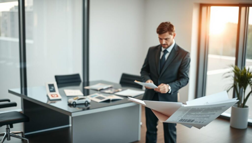A professional office scene focused on the concept of car insurance, "ubezpieczenia komunikacyjne". In the foreground, a serious-looking insurance agent in business attire, reviewing documents related to policy options. In the middle ground, a sleek modern desk adorned with various car models and brochures of insurance plans, symbolizing different coverage options. The background features a large window with soft natural light filtering through, casting a warm glow on the scene. The atmosphere is one of professionalism and clarity, emphasizing the importance of choosing the right insurer. Capture this moment from a slightly elevated angle to give depth, ensuring a clean and organized environment.