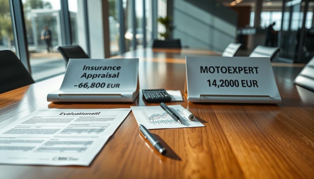 A professional office setting featuring two contrasting evaluation reports on a polished wooden table. In the foreground, there's a detailed document labeled "Insurance Appraisal - 6,800 EUR" on the left and another titled "MOTOEXPERT Evaluation - 14,200 EUR" on the right, showcasing distinct formatting differences. In the middle ground, a calculator, a pen, and a notepad lie scattered with financial diagrams visible on the notepad. The background is a modern office with large windows allowing natural light to brighten the scene, casting soft shadows. The atmosphere conveys a sense of professionalism and analytical focus, suitable for an article discussing insurance valuations. Ensure that all elements remain text-free and visually clear.