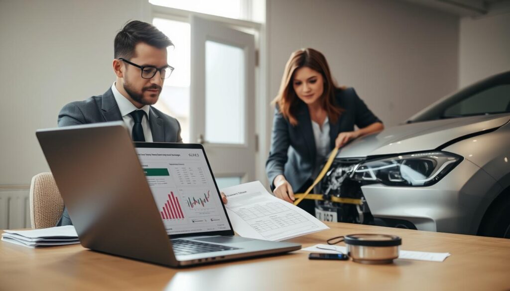 A professional office setting focused on assessing communication damages, featuring a male and female insurance adjuster dressed in business attire, examining a detailed report and evaluating vehicle damage. In the foreground, a laptop displays data charts and graphs. The middle ground shows the adjusters using a measuring tool on a damaged car, highlighting comparison between different valuation estimates. The background includes a half-open office door, allowing soft, natural light to filter in, creating a calm and analytical atmosphere. The image should have a warm yet professional feel, captured from a slightly elevated angle to emphasize teamwork and precision in the damage assessment process.
