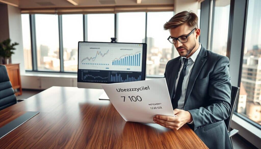 A professional office setting focusing on the theme of insurance valuation. In the foreground, a confident business person dressed in a tailored suit examines a large document labeled "Ubezpieczyciel 7 100 EUR" on a sleek wooden desk. The middle ground features a modern computer with financial graphs displayed on the screen, showcasing a comparison with "MOTOEXPERT 13 500 EUR." In the background, large windows allow natural light to flood the room, highlighting a cityscape. The atmosphere is serious and analytical, with a warm color palette creating a sense of clarity and focus. The camera angle is slightly elevated, capturing both the desk and the person’s engaged expression without any distractions or text overlays. A professional office setting focusing on the theme of insurance valuation. In the foreground, a confident business person dressed in a tailored suit examines a large document labeled "Ubezpieczyciel 7 100 EUR" on a sleek wooden desk. The middle ground features a modern computer with financial graphs displayed on the screen, showcasing a comparison with "MOTOEXPERT 13 500 EUR." In the background, large windows allow natural light to flood the room, highlighting a cityscape. The atmosphere is serious and analytical, with a warm color palette creating a sense of clarity and focus. The camera angle is slightly elevated, capturing both the desk and the person’s engaged expression without any distractions or text overlays.