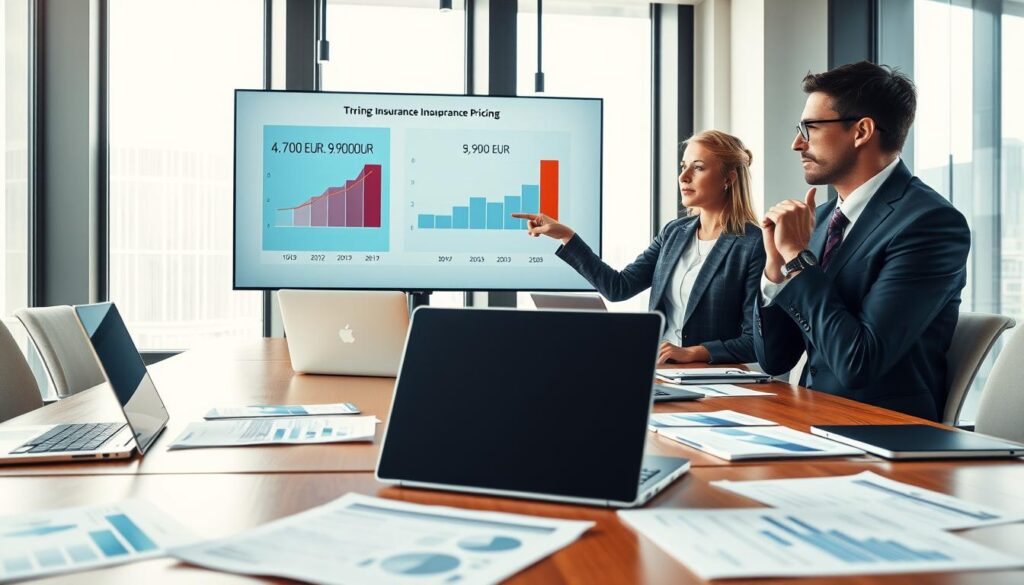 A professional office setting where two business professionals, a man and a woman, are engaged in a discussion about corporate insurance pricing strategies. The foreground features a polished wooden conference table with laptops, charts, and documents spread out, showcasing financial data and comparisons. The middle ground displays the professionals in smart business attire, with thoughtful expressions, pointing to a large screen displaying graphs of insurance values: 4,700 EUR versus 9,900 EUR. In the background, tall windows allow soft, natural light to flood the room, creating a warm and inviting atmosphere. The mood is focused and analytical, reflecting the importance of making informed financial decisions regarding insurance investments. Use a slightly angled perspective for a dynamic view.