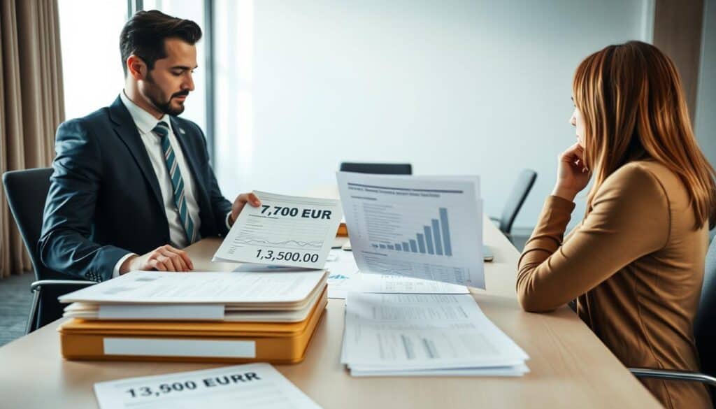 A professional office setting with a focus on automobile insurance valuation. In the foreground, a confident insurance agent in a smart business suit is discussing a document with a concerned client, showcasing detailed charts and figures related to insurance estimates. The middle section features a large, modern conference table scattered with paperwork, including folders labeled with numbers like "7,100 EUR" and "13,500 EUR." In the background, a large window allows soft, natural light to flood the room, creating a bright and inviting atmosphere. The overall mood is serious yet collaborative, emphasizing a detailed discussion about hidden costs in insurance valuations. The angle captures both the agent and client engaged in a meaningful conversation. A professional office setting with a focus on automobile insurance valuation. In the foreground, a confident insurance agent in a smart business suit is discussing a document with a concerned client, showcasing detailed charts and figures related to insurance estimates. The middle section features a large, modern conference table scattered with paperwork, including folders labeled with numbers like "7,100 EUR" and "13,500 EUR." In the background, a large window allows soft, natural light to flood the room, creating a bright and inviting atmosphere. The overall mood is serious yet collaborative, emphasizing a detailed discussion about hidden costs in insurance valuations. The angle captures both the agent and client engaged in a meaningful conversation.
