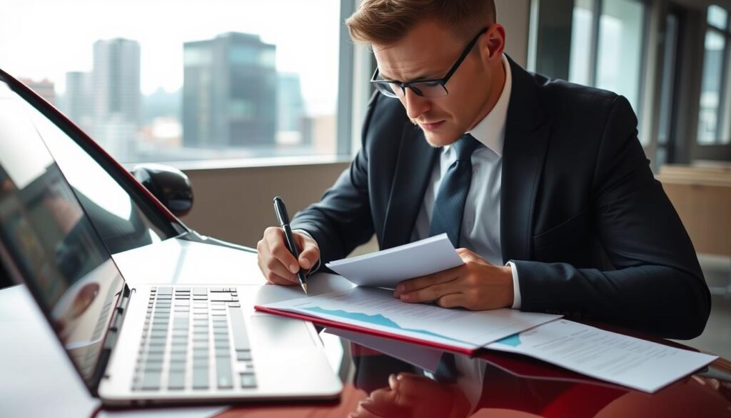 A professional property appraiser, dressed in a smart business suit, examining a high-quality car in a well-lit office environment. The appraiser is focused, holding a clipboard and jotting down notes, with a laptop open on the desk displaying graphs and valuation data. In the background, a window shows a cityscape, hinting at a bustling business district. Soft natural light filters through the glass, creating a calm and professional atmosphere. The angle is a medium shot that captures the appraiser's expression of concentration and the detailed features of the car. The overall mood conveys trust, professionalism, and expertise in vehicle valuation, emphasizing the importance of choosing the right appraiser.