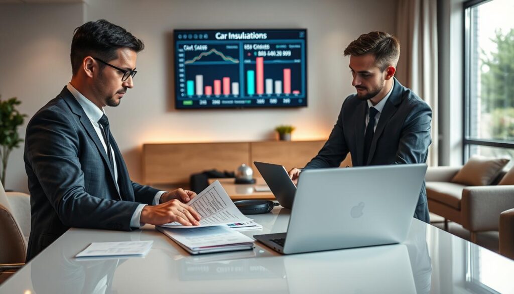 A professional scene depicting a client consulting with an insurance agent about car insurance valuation. In the foreground, a well-dressed insurance agent, wearing a suit and glasses, is analyzing documents and charts on a sleek desk. The client, dressed in business casual attire, looks intently at laptop screens showing various car evaluation figures. In the middle ground, a wall-mounted screen displays comparative data graphs illustrating different insurance valuations. The background features a modern office setting with stylish furniture, soft ambient lighting, and a large window letting in natural sunlight, creating a warm and inviting atmosphere. The overall mood is professional and focused, emphasizing trust and clarity in the insurance process.