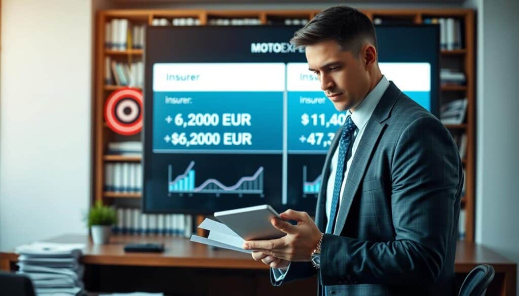 A professional scene depicting a comparison of insurance quotes from a digital screen, showcasing a bullseye or scale icon symbolizing balance. In the foreground, a businessperson in smart attire analyzes the data on a tablet, with a focused expression, surrounded by papers and a calculator. The middle ground features a large monitor displaying two contrasting quotes: "Insurer: 6,200 EUR" and "MOTOEXPERT: 11,400 EUR", with graphs illustrating the price difference. In the background, a well-lit office environment with shelves of books on finance and insurance, emphasizing expertise. The lighting is warm and inviting, creating a serious yet approachable atmosphere, captured with a slight depth of field to emphasize the subject's focus. A professional scene depicting a comparison of insurance quotes from a digital screen, showcasing a bullseye or scale icon symbolizing balance. In the foreground, a businessperson in smart attire analyzes the data on a tablet, with a focused expression, surrounded by papers and a calculator. The middle ground features a large monitor displaying two contrasting quotes: "Insurer: 6,200 EUR" and "MOTOEXPERT: 11,400 EUR", with graphs illustrating the price difference. In the background, a well-lit office environment with shelves of books on finance and insurance, emphasizing expertise. The lighting is warm and inviting, creating a serious yet approachable atmosphere, captured with a slight depth of field to emphasize the subject's focus.