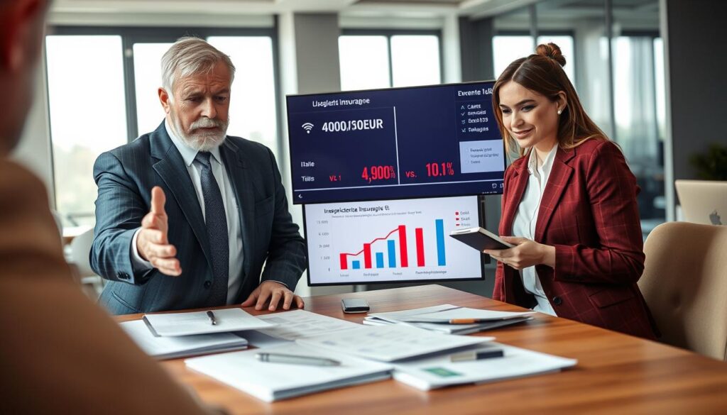 A professional scene depicting a diverse group of individuals engaged in a discussion about car insurance, representing the concept of "ubezpieczenia komunikacyjne". In the foreground, a middle-aged man in a business suit gestures towards documents spread on a table, conveying a sense of inquiry and analysis. A woman in smart casual attire takes notes, displaying an attentive expression. In the middle ground, charts and graphs illustrating insurance rates and prices, like 4,900 EUR versus 10,200 EUR, are visible on a screen. The background features a modern office environment with soft, natural lighting filtering through large windows, creating a calm and professional atmosphere. Overall, the image conveys collaboration, professionalism, and the importance of understanding insurance rights.