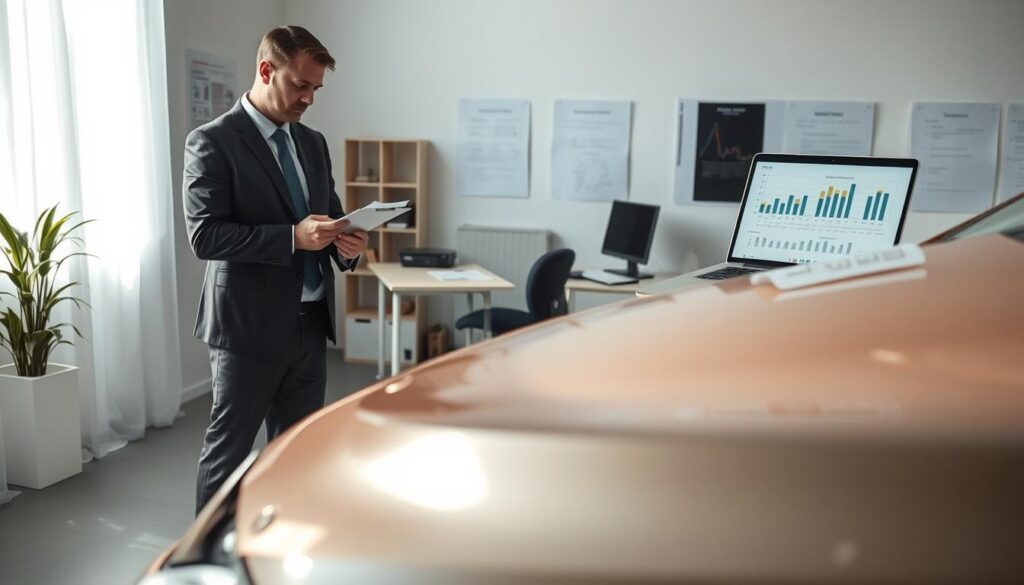 A professional setting depicting a car assessment scene for insurance purposes. In the foreground, a meticulously detailed damaged vehicle is shown, with visible dents and scratches. A focused insurance adjuster in business attire is inspecting the car, taking notes on a clipboard. The middle ground features a modern office environment with a desk, paperwork, and a laptop displaying graphs and figures related to vehicle valuation. In the background, a bright, well-lit examination room enhances the atmosphere of professionalism and thoroughness. Soft natural lighting illuminates the scene, creating a dynamic contrast with the shadowed corners. The overall mood is serious and analytical, reflecting the meticulous process of vehicle valuation in an insurance context.