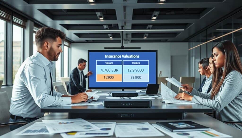 A professional setting featuring a business meeting to discuss insurance valuations. In the foreground, a diverse group of three individuals, dressed in formal business attire, attentively reviewing documents and charts. The middle ground includes a large conference table cluttered with financial reports and laptops, with a digital projector displaying a comparison chart of two insurance values: 4,700 EUR and 9,900 EUR. The background showcases a sleek, modern office environment with large windows allowing natural light to flood the space, casting soft shadows. The atmosphere is serious yet collaborative, with a sense of focus and determination in the air. The image should be well-lit, highlighting the expressions of concentration on the individuals’ faces, capturing the essence of a professional evaluation discussion. A professional setting featuring a business meeting to discuss insurance valuations. In the foreground, a diverse group of three individuals, dressed in formal business attire, attentively reviewing documents and charts. The middle ground includes a large conference table cluttered with financial reports and laptops, with a digital projector displaying a comparison chart of two insurance values: 4,700 EUR and 9,900 EUR. The background showcases a sleek, modern office environment with large windows allowing natural light to flood the space, casting soft shadows. The atmosphere is serious yet collaborative, with a sense of focus and determination in the air. The image should be well-lit, highlighting the expressions of concentration on the individuals’ faces, capturing the essence of a professional evaluation discussion.