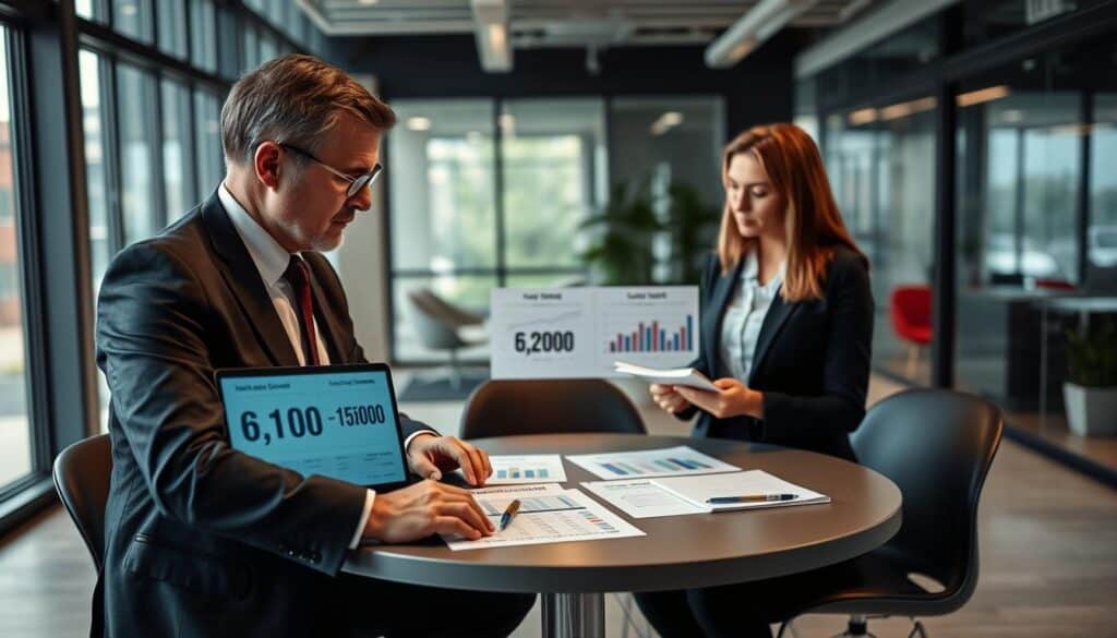 A professional setting featuring two insurance experts discussing car insurance valuations. In the foreground, a middle-aged man in a business suit, looking thoughtfully at a laptop with car insurance statistics displayed, while a woman in smart casual attire takes notes with a notepad. The middle scene includes a round table covered with documents and charts illustrating differing valuations of 6,100 EUR vs. 13,200 EUR. The background shows a modern office environment with large windows letting in natural light, giving a sense of transparency and openness. The mood is analytical and focused, emphasizing professionalism and collaboration, captured with a slightly soft focus to create an inviting atmosphere. A professional setting featuring two insurance experts discussing car insurance valuations. In the foreground, a middle-aged man in a business suit, looking thoughtfully at a laptop with car insurance statistics displayed, while a woman in smart casual attire takes notes with a notepad. The middle scene includes a round table covered with documents and charts illustrating differing valuations of 6,100 EUR vs. 13,200 EUR. The background shows a modern office environment with large windows letting in natural light, giving a sense of transparency and openness. The mood is analytical and focused, emphasizing professionalism and collaboration, captured with a slightly soft focus to create an inviting atmosphere.