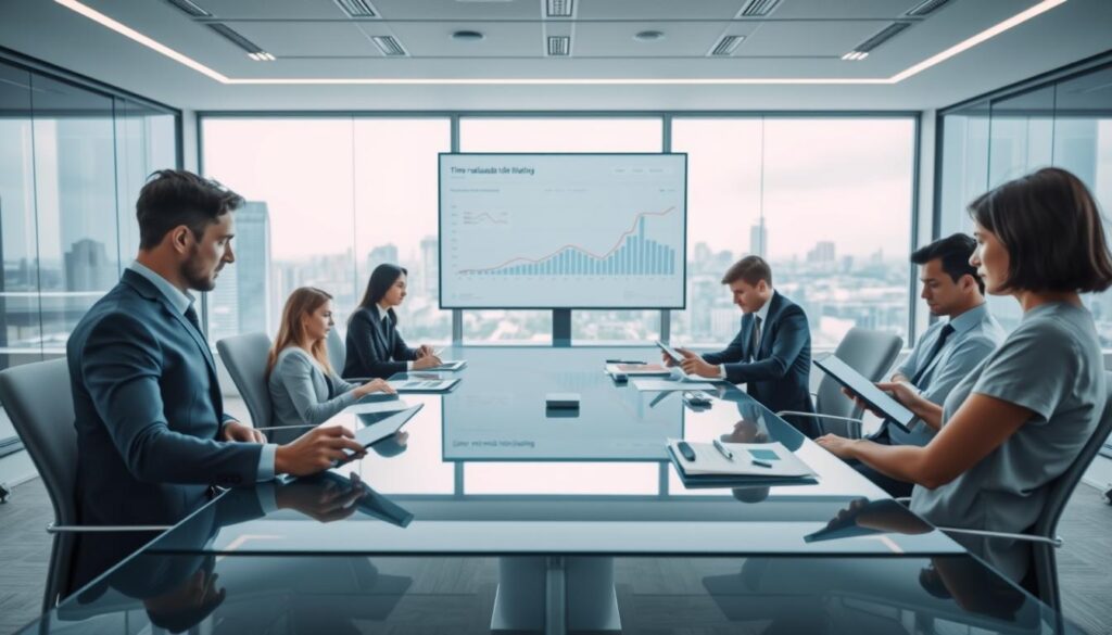 A professional setting focused on the concept of "Czas realizacji wyceny" (Time for Valuation Completion), featuring a sleek conference room with a large glass table at the center. In the foreground, a group of diverse professionals in business attire are engaged in a discussion, analyzing documents and charts on digital tablets. The middle ground consists of a large screen displaying graphs and timelines related to insurance valuation processes. The background features a panoramic window showing a city skyline, subtly indicating a modern corporate environment. Soft, diffused lighting enhances the atmosphere, portraying seriousness and attentiveness. The image should capture the urgency and precision associated with insurance valuations while maintaining a professional tone.