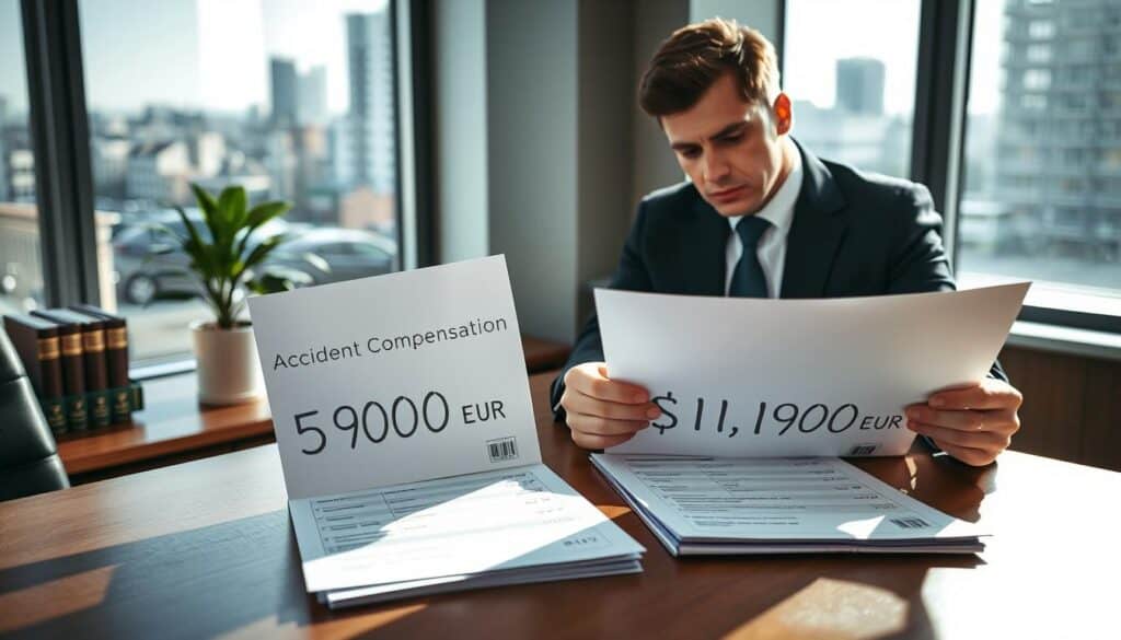 A professional setting representing a legal discussion about accident compensation. In the foreground, a confident lawyer, dressed in a sharp suit, is reviewing two contrasting financial documents, one labeled "5,900 EUR" and the other "11,800 EUR," on a polished wooden desk. The middle ground features a large window with natural daylight streaming in, illuminating a potted plant and legal books on a nearby shelf. In the background, a cityscape is visible, suggesting a bustling urban environment. The atmosphere is serious and focused, conveying the importance of accurately challenging insurance valuations. Soft shadows enhance the calm but tense mood, captured from a slightly low angle to emphasize the lawyer's authority and professionalism. A professional setting representing a legal discussion about accident compensation. In the foreground, a confident lawyer, dressed in a sharp suit, is reviewing two contrasting financial documents, one labeled "5,900 EUR" and the other "11,800 EUR," on a polished wooden desk. The middle ground features a large window with natural daylight streaming in, illuminating a potted plant and legal books on a nearby shelf. In the background, a cityscape is visible, suggesting a bustling urban environment. The atmosphere is serious and focused, conveying the importance of accurately challenging insurance valuations. Soft shadows enhance the calm but tense mood, captured from a slightly low angle to emphasize the lawyer's authority and professionalism.