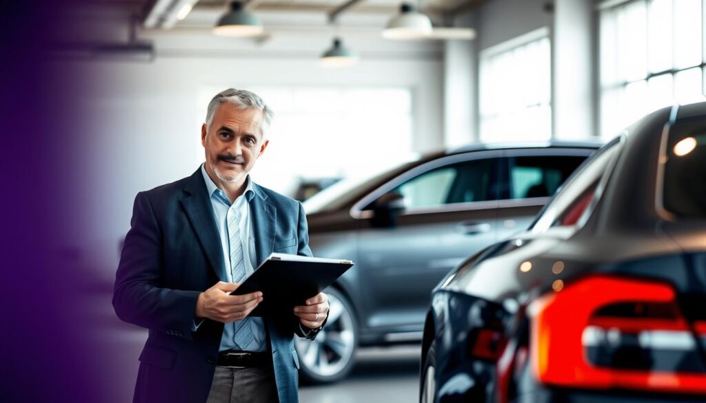 A professional setting showcasing a MOTOEXPERT appraiser evaluating a vehicle. In the foreground, a well-groomed, middle-aged appraiser in a tailored suit inspects a car with a clipboard in hand. The appraiser's expression is focused and analytical, conveying expertise. The middle ground features a sleek, modern vehicle, highlighting its features. The background includes a bright, spacious garage or office space with soft natural light filtering through large windows, creating an inviting yet professional atmosphere. The scene is captured from a slight low angle giving prominence to the appraiser's role, with a shallow depth of field emphasizing both the appraiser and the car, creating a sense of importance about accurate vehicle valuation.