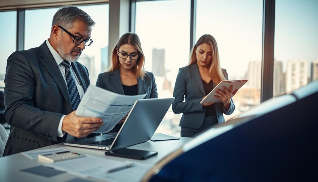 A professional setting showcasing a team of two insurance adjusters evaluating vehicle damage in a brightly lit office. In the foreground, one adjuster, a middle-aged man in a neatly pressed suit, is reviewing a detailed report on a laptop, while the other, a young woman in business attire, takes notes on a clipboard, focusing intently. In the middle ground, a well-organized desk is visible with scattered documents and a calculator, hinting at the assessment process. The background features a large window providing natural light, revealing a cityscape that conveys a sense of professionalism. The mood is serious and analytical, reflecting diligence and commitment to accurate damage assessment. The overall color scheme is corporate, utilizing blues and grays to enhance the business atmosphere.