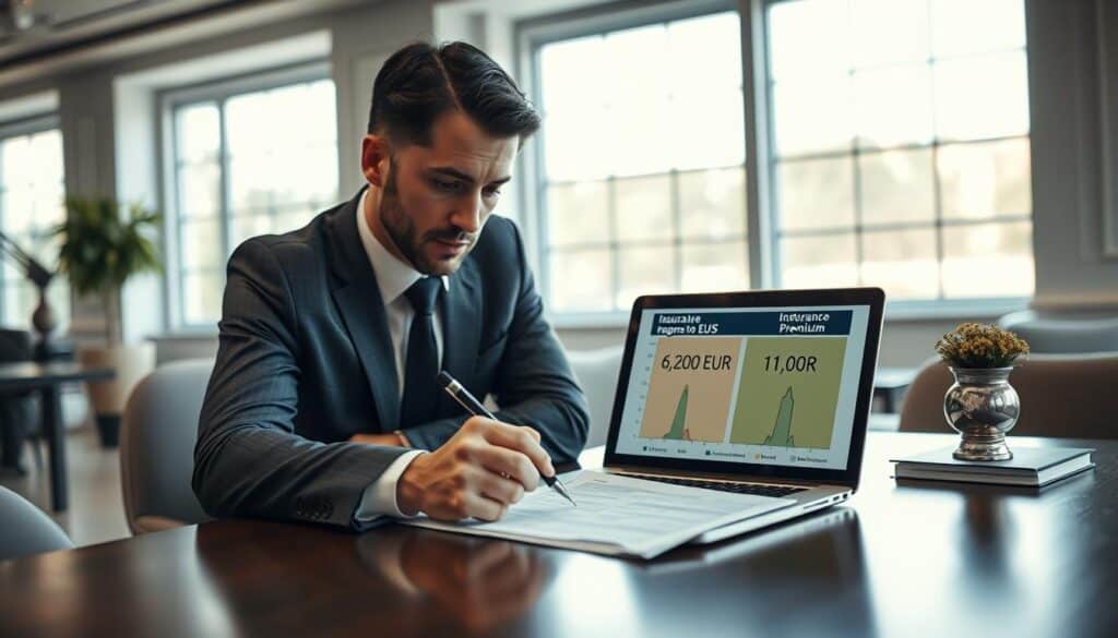 A professional setting showcasing automotive insurance evaluations. In the foreground, a well-dressed insurance agent, in a suit, thoughtfully examines a document on their desk, with a pen in hand. In the middle, there is a laptop displaying a comparative chart of car insurance premiums, highlighting two figures: 6,200 EUR and 11,400 EUR. The background features an elegant office with large windows, allowing natural light to fill the space, casting soft shadows. The mood is focused and analytical, conveying a sense of expertise and professionalism. The composition is shot from a slightly elevated angle to provide depth, creating an engaging visual narrative around the importance of insurance comparisons in the automotive sector. A professional setting showcasing automotive insurance evaluations. In the foreground, a well-dressed insurance agent, in a suit, thoughtfully examines a document on their desk, with a pen in hand. In the middle, there is a laptop displaying a comparative chart of car insurance premiums, highlighting two figures: 6,200 EUR and 11,400 EUR. The background features an elegant office with large windows, allowing natural light to fill the space, casting soft shadows. The mood is focused and analytical, conveying a sense of expertise and professionalism. The composition is shot from a slightly elevated angle to provide depth, creating an engaging visual narrative around the importance of insurance comparisons in the automotive sector.