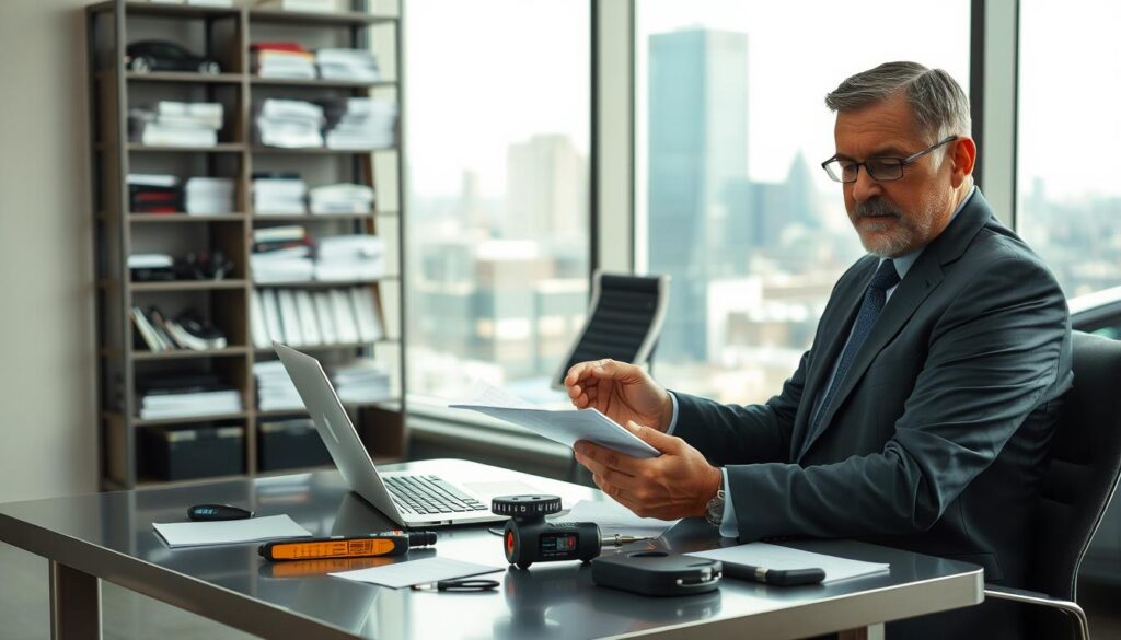A professional vehicle appraisal expert, depicted in a modern office setting, is focused on analyzing car damages and valuations. Foreground features the expert, a middle-aged man in a tailored suit, reviewing documents on a sleek metal desk, surrounded by high-tech evaluating tools like a laptop and measuring gadgets. In the middle ground, a large window reveals a cityscape, hinting at a busy urban environment outside with soft natural light filtering in. The background showcases a well-organized shelving unit filled with automotive reference books and tools. The atmosphere is serious yet inviting, emphasizing professionalism and expertise in car assessment. The image should convey trust and reliability in selecting a vehicle appraiser.