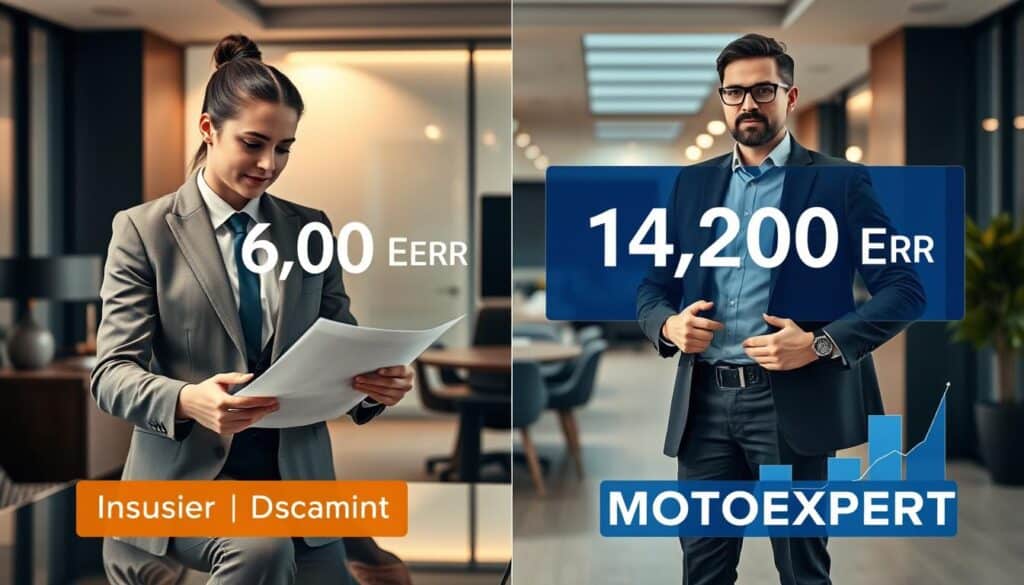 A split-screen comparison image illustrating two different insurance valuations: on the left, a business professional in a sleek office environment, analyzing documents with a focused expression, representing the insurer's valuation of 6,800 EUR. On the right, another professional, dressed in smart casual attire, stands confidently next to a digital display showing 14,200 EUR, symbolizing MOTOEXPERT’s higher valuation. The background features modern office decor with soft, warm lighting to create an inviting atmosphere. The foreground highlights financial graphs and charts, presenting a clear contrast between the two valuations. The scene captures an atmosphere of professionalism, clarity, and informed decision-making, visually guiding viewers to understand the nuances of each valuation. A split-screen comparison image illustrating two different insurance valuations: on the left, a business professional in a sleek office environment, analyzing documents with a focused expression, representing the insurer's valuation of 6,800 EUR. On the right, another professional, dressed in smart casual attire, stands confidently next to a digital display showing 14,200 EUR, symbolizing MOTOEXPERT’s higher valuation. The background features modern office decor with soft, warm lighting to create an inviting atmosphere. The foreground highlights financial graphs and charts, presenting a clear contrast between the two valuations. The scene captures an atmosphere of professionalism, clarity, and informed decision-making, visually guiding viewers to understand the nuances of each valuation.