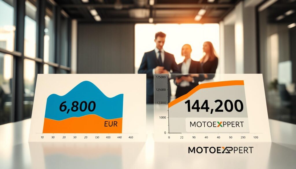 A visually engaging comparison of two insurance valuations, portrayed in a sleek, modern office setting. In the foreground, display two side-by-side charts, one highlighting the insurer's valuation of 6,800 EUR in a clear blue and white color scheme, and the other illustrating MOTOEXPERT's valuation of 14,200 EUR in a bold orange and grey design. In the middle background, include a professional team of two businesspeople, one male and one female, dressed in formal attire, analyzing the charts intently. The office is bright with natural sunlight streaming through large windows, creating a focused and analytical atmosphere. Use a shallow depth of field to emphasize the charts and the individuals, while keeping the rest of the office in a soft blur.