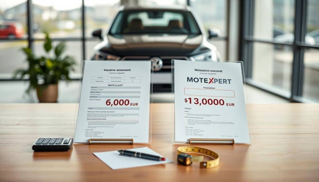 A visually striking comparison of two car valuation reports on a sleek wooden desk. In the foreground, place two distinct documents: one representing an insurance assessment with a seal and a figure of 6,100 EUR, the other from MOTOEXPERT showing a higher valuation of 13,200 EUR. Both reports should have clear, professional formatting and be neatly arranged with a calculator, a pen, and a measuring tape nearby. The middle ground features a blurred image of a car in soft daylight, subtly hinting at the valuation context. The background is a modern office setting with large windows allowing natural light to filter in, creating a sophisticated and businesslike atmosphere that emphasizes the importance of accurate car valuations. Keep the overall mood analytical and professional. A visually striking comparison of two car valuation reports on a sleek wooden desk. In the foreground, place two distinct documents: one representing an insurance assessment with a seal and a figure of 6,100 EUR, the other from MOTOEXPERT showing a higher valuation of 13,200 EUR. Both reports should have clear, professional formatting and be neatly arranged with a calculator, a pen, and a measuring tape nearby. The middle ground features a blurred image of a car in soft daylight, subtly hinting at the valuation context. The background is a modern office setting with large windows allowing natural light to filter in, creating a sophisticated and businesslike atmosphere that emphasizes the importance of accurate car valuations. Keep the overall mood analytical and professional.