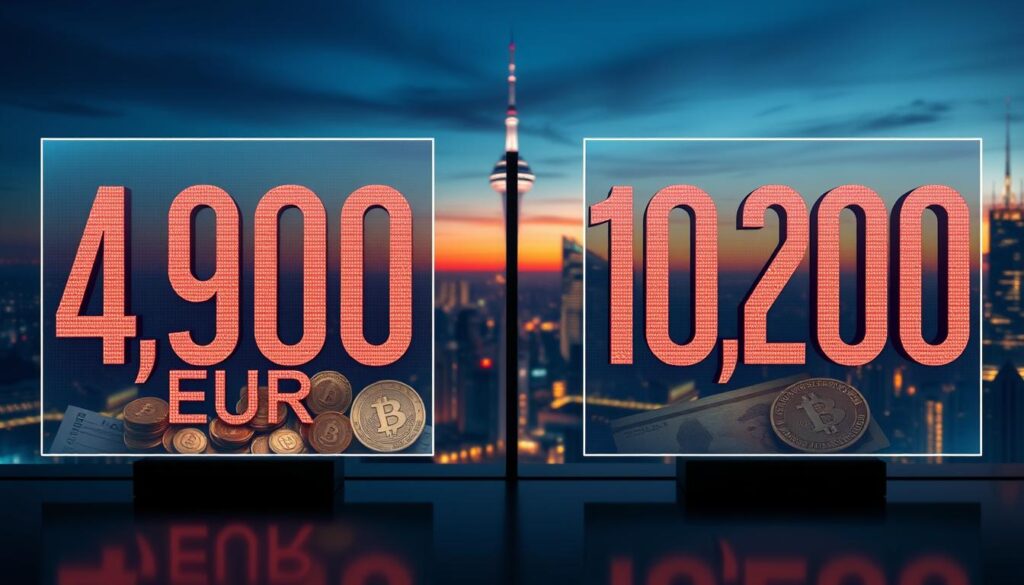 A visually striking comparison of two distinct financial amounts represented visually. In the foreground, a large digital display shows the figures "4,900 EUR" on the left and "10,200 EUR" on the right, each in bold, modern typography. The middle layer includes symbols of finance, such as coins and banknotes, subtly blended in an elegant manner around the figures to emphasize their significance. The background features an abstract design of a city skyline at dusk, softly lit by glowing lights, creating a professional and sophisticated atmosphere. The overall color palette includes deep blues and golds, with soft ambient lighting highlighting the numbers, creating a visually appealing and informative image that conveys the essence of a financial comparison.