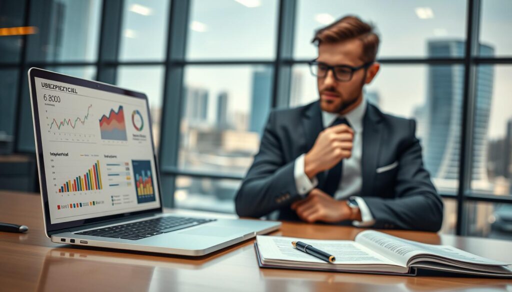 A visually striking image illustrating a financial evaluation of "Ubezpieczyciel 6 800 EUR". In the foreground, a modern desktop featuring a sleek laptop displaying colorful graphs and data analysis related to insurance pricing. To the side, an open notepad with handwritten notes and a pen, emphasizing meticulous attention to detail. In the middle ground, a confident professional in business attire, analyzing the data and contemplating the figures, embodying an analytical mindset. The background showcases blurred images of a cityscape through a large office window, hinting at a bustling financial environment. The lighting is bright yet soft, creating a professional and optimistic atmosphere, accentuating the seriousness of financial assessment without being overwhelming. The overall mood communicates clarity, professionalism, and an insightful approach to valuation.
