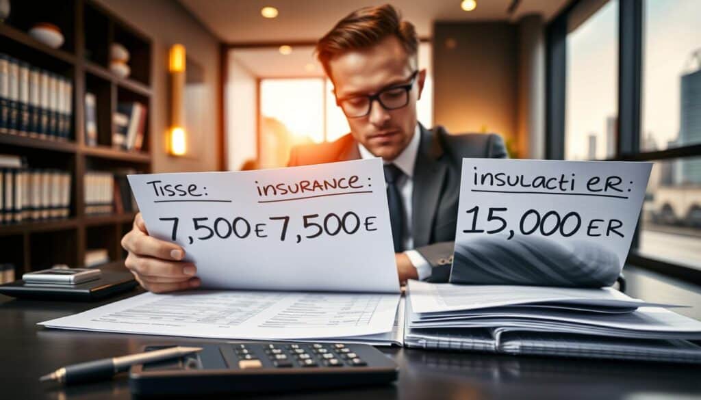 A close-up view of a professional financial analyst sitting at a modern office desk surrounded by documents comparing insurance valuations of 7,500 EUR and 15,000 EUR. The foreground features a calculator, a notepad filled with notes, and two highlighted reports displaying the figures prominently. In the middle, the analyst, dressed in formal business attire, scrutinizes the documents with a focused expression, creating a sense of diligence and seriousness. The background shows a sleek office environment with shelves of financial books, a light source from a window casting a warm glow, and a blurred cityscape outside, conveying a professional and analytical atmosphere. Overall, the composition captures the tension and common errors that can arise when comparing financial valuations. A close-up view of a professional financial analyst sitting at a modern office desk surrounded by documents comparing insurance valuations of 7,500 EUR and 15,000 EUR. The foreground features a calculator, a notepad filled with notes, and two highlighted reports displaying the figures prominently. In the middle, the analyst, dressed in formal business attire, scrutinizes the documents with a focused expression, creating a sense of diligence and seriousness. The background shows a sleek office environment with shelves of financial books, a light source from a window casting a warm glow, and a blurred cityscape outside, conveying a professional and analytical atmosphere. Overall, the composition captures the tension and common errors that can arise when comparing financial valuations.