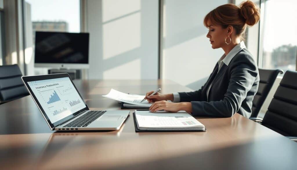 A detailed and professional insurance valuation meeting. In the foreground, a confident businesswoman in professional attire, sitting at a sleek conference table, analyzing documents with precise graphs and figures. In the middle, a high-tech laptop displays insurance data, with a notepad filled with calculations and annotations. The background features a modern office environment, with large windows allowing natural light to stream in, creating a bright and optimistic atmosphere. Shadows cast lightly across the table enhance depth, while a neutral color palette emphasizes professionalism. The overall mood conveys a sense of clarity, trust, and the importance of accurate valuation in insurance practices. A detailed and professional insurance valuation meeting. In the foreground, a confident businesswoman in professional attire, sitting at a sleek conference table, analyzing documents with precise graphs and figures. In the middle, a high-tech laptop displays insurance data, with a notepad filled with calculations and annotations. The background features a modern office environment, with large windows allowing natural light to stream in, creating a bright and optimistic atmosphere. Shadows cast lightly across the table enhance depth, while a neutral color palette emphasizes professionalism. The overall mood conveys a sense of clarity, trust, and the importance of accurate valuation in insurance practices.