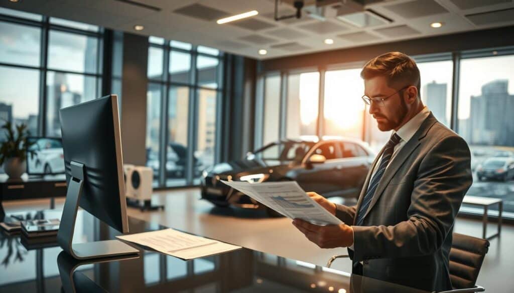A detailed scene depicting the vehicle valuation process set in a sleek, modern office environment. In the foreground, a professional wearing business attire examines a car evaluation report, looking focused and analytical. The middle ground showcases a high-end automobile, perhaps a luxury sedan, under a soft, warm light that highlights its features. Office furniture, including a polished desk and a computer displaying valuation charts, creates a functional atmosphere. The background features large windows with soft natural light streaming in, offering a view of a bustling cityscape. The overall mood is serious and professional, capturing the essence of the valuation process, emphasizing clarity and precision in assessing vehicle value. The image should be highly detailed and realistic, encouraging a sense of trust and professionalism in automotive valuation. A detailed scene depicting the vehicle valuation process set in a sleek, modern office environment. In the foreground, a professional wearing business attire examines a car evaluation report, looking focused and analytical. The middle ground showcases a high-end automobile, perhaps a luxury sedan, under a soft, warm light that highlights its features. Office furniture, including a polished desk and a computer displaying valuation charts, creates a functional atmosphere. The background features large windows with soft natural light streaming in, offering a view of a bustling cityscape. The overall mood is serious and professional, capturing the essence of the valuation process, emphasizing clarity and precision in assessing vehicle value. The image should be highly detailed and realistic, encouraging a sense of trust and professionalism in automotive valuation.