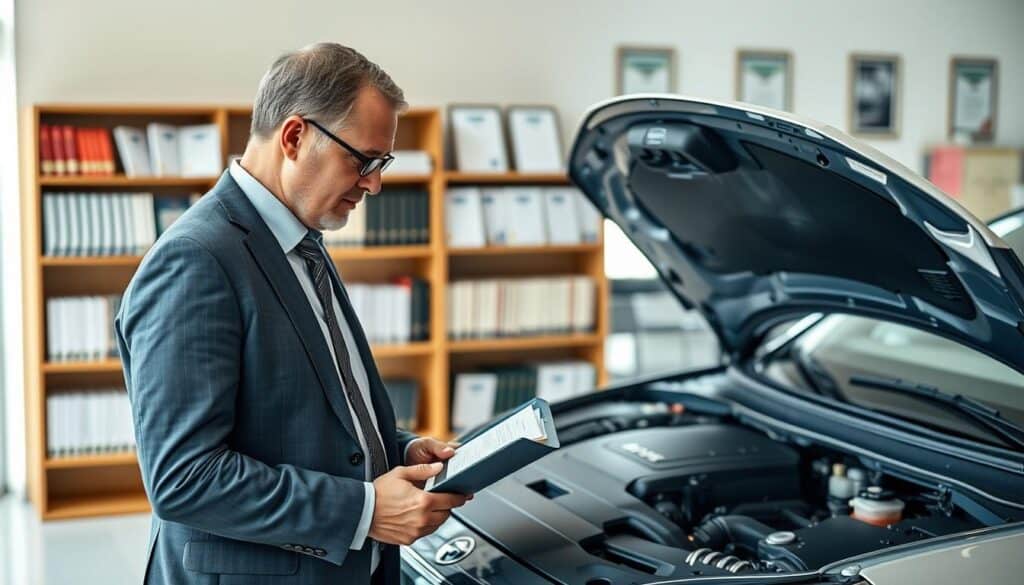 A professional automobile expert from MOTOEXPERT assessing a vehicle in a well-lit office. The foreground shows a middle-aged male expert, wearing smart business attire, focused on inspecting a car’s engine with a clipboard in hand. The middle ground features a sleek, modern car, highlighting its engine and technical components, suggesting a detailed evaluation. The background contains bookshelves filled with automotive manuals and certificates on the walls, indicating expertise and professionalism. Soft, natural light filters through a large window, creating a bright and inviting atmosphere, ideal for a detailed assessment. The image captures a sense of trust, diligence, and expertise, representing the role of MOTOEXPERT in vehicle valuation. A professional automobile expert from MOTOEXPERT assessing a vehicle in a well-lit office. The foreground shows a middle-aged male expert, wearing smart business attire, focused on inspecting a car’s engine with a clipboard in hand. The middle ground features a sleek, modern car, highlighting its engine and technical components, suggesting a detailed evaluation. The background contains bookshelves filled with automotive manuals and certificates on the walls, indicating expertise and professionalism. Soft, natural light filters through a large window, creating a bright and inviting atmosphere, ideal for a detailed assessment. The image captures a sense of trust, diligence, and expertise, representing the role of MOTOEXPERT in vehicle valuation.