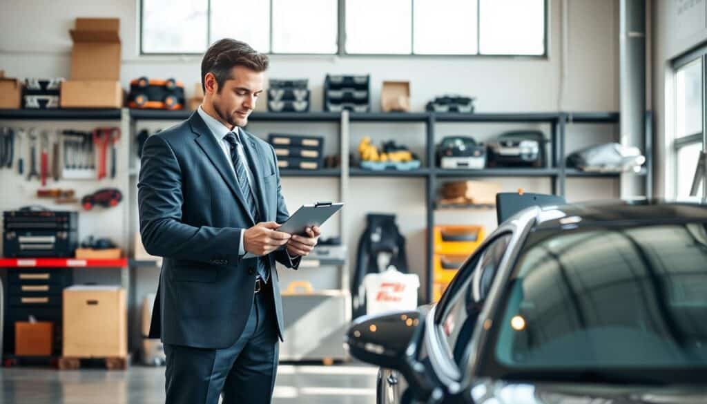 A professional automotive appraiser, dressed in a smart business suit, stands next to a detailed and polished car in a well-lit automotive workshop. The appraiser is examining the vehicle using a clipboard and a digital tablet, focused on assessing the car's value. In the background, various tools and equipment related to vehicle appraisal are neatly organized on shelves, adding to the authenticity of the setting. Natural light floods in from large windows, creating a bright and inviting atmosphere. The scene captures a moment of genuine expertise and professionalism, illustrating the appraisal process. The composition is framed to highlight both the appraiser and the car, emphasizing their interaction.