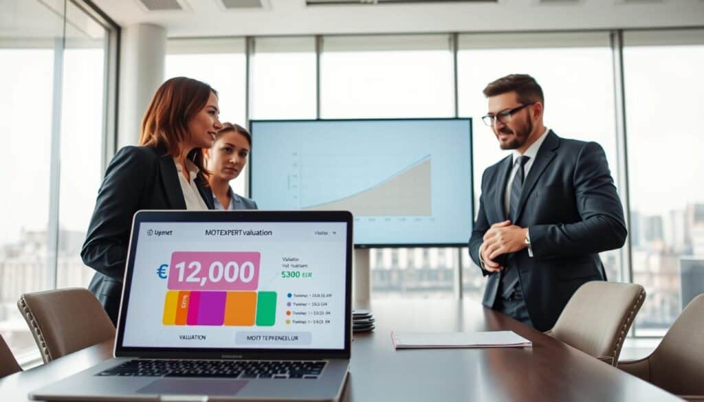 A professional business meeting setting, featuring a diverse group of three individuals, one woman and two men, dressed in smart business attire, attentively discussing the MOTOEXPERT valuation process. In the foreground, a modern laptop displays a detailed valuation chart showing EUR amounts in vibrant colors. The middle ground showcases a large digital screen with a graph comparing MOTOEXPERT’s valuation of 12,000 EUR against another valuation of 5,300 EUR, using clear visual elements like arrows and labels. The background consists of a sleek, contemporary office with large windows offering a view of a city skyline. Soft, diffused lighting creates a focused yet inviting atmosphere, emphasizing professionalism and collaboration. A wide-angle perspective captures the interaction and the dynamic office environment. A professional business meeting setting, featuring a diverse group of three individuals, one woman and two men, dressed in smart business attire, attentively discussing the MOTOEXPERT valuation process. In the foreground, a modern laptop displays a detailed valuation chart showing EUR amounts in vibrant colors. The middle ground showcases a large digital screen with a graph comparing MOTOEXPERT’s valuation of 12,000 EUR against another valuation of 5,300 EUR, using clear visual elements like arrows and labels. The background consists of a sleek, contemporary office with large windows offering a view of a city skyline. Soft, diffused lighting creates a focused yet inviting atmosphere, emphasizing professionalism and collaboration. A wide-angle perspective captures the interaction and the dynamic office environment.