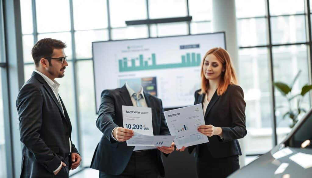 A professional business setting featuring a thoughtful analysis of vehicle valuation. In the foreground, a diverse team of three professionals, two men and one woman, dressed in smart business attire, are examining documents and charts related to vehicle pricing. The woman points to a graphic displaying the MOTOEXPERT valuation of 10,200 EUR, emphasizing the significance of their assessment. In the middle ground, a large screen showcases a comparison between different insurance valuations, enhancing the analytical theme. The background contains a modern office with large windows allowing soft natural light to filter in, creating a bright and focused atmosphere. The lens captures the scene from a slightly elevated angle, giving an overview of the collaborative discussion around the valuation topic. The mood is serious yet optimistic, as the team engages in productive dialogue. A professional business setting featuring a thoughtful analysis of vehicle valuation. In the foreground, a diverse team of three professionals, two men and one woman, dressed in smart business attire, are examining documents and charts related to vehicle pricing. The woman points to a graphic displaying the MOTOEXPERT valuation of 10,200 EUR, emphasizing the significance of their assessment. In the middle ground, a large screen showcases a comparison between different insurance valuations, enhancing the analytical theme. The background contains a modern office with large windows allowing soft natural light to filter in, creating a bright and focused atmosphere. The lens captures the scene from a slightly elevated angle, giving an overview of the collaborative discussion around the valuation topic. The mood is serious yet optimistic, as the team engages in productive dialogue.