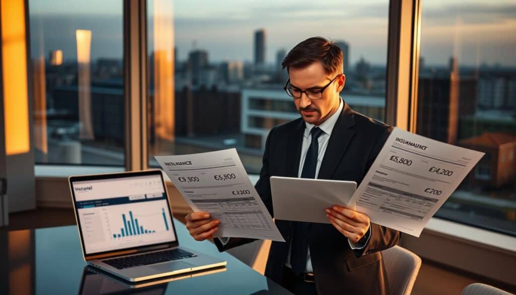 A professional financial advisor analyzing two distinct insurance valuation reports, set in a modern office environment. In the foreground, a well-dressed individual, wearing a smart suit, examines two documents labeled "€6,800" and "€14,200," with a thoughtful expression. The middle ground features a sleek desk with a laptop open to a financial analysis program, highlighting graphs and data. In the background, large windows show a city skyline, illuminated by soft afternoon light, casting warm, inviting shadows. The atmosphere is serious yet constructive, emphasizing the importance of financial decision-making influenced by evaluations. The image captures a pivotal moment of financial decision-making, combining professionalism and focus, without any text or overlays.