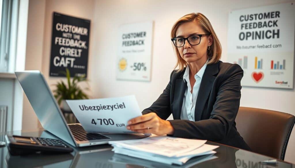 A professional insurance agent in smart business attire sits at a sleek, modern desk with a laptop open, analyzing documents labeled "Ubezpieczyciel 4 700 EUR." The agent, a middle-aged Caucasian female with glasses, appears engaged and thoughtful. On the desk, a stack of reports and a calculator provide a sense of urgency and analysis. The background shows a bright, well-lit office with motivational posters related to customer feedback and satisfaction. The lighting is warm and inviting, enhancing a sense of professionalism. The angle is slightly above eye level, focusing on the agent's face to capture her expression of determination and focus. This image embodies the essence of customer opinion and evaluation in the insurance sector.