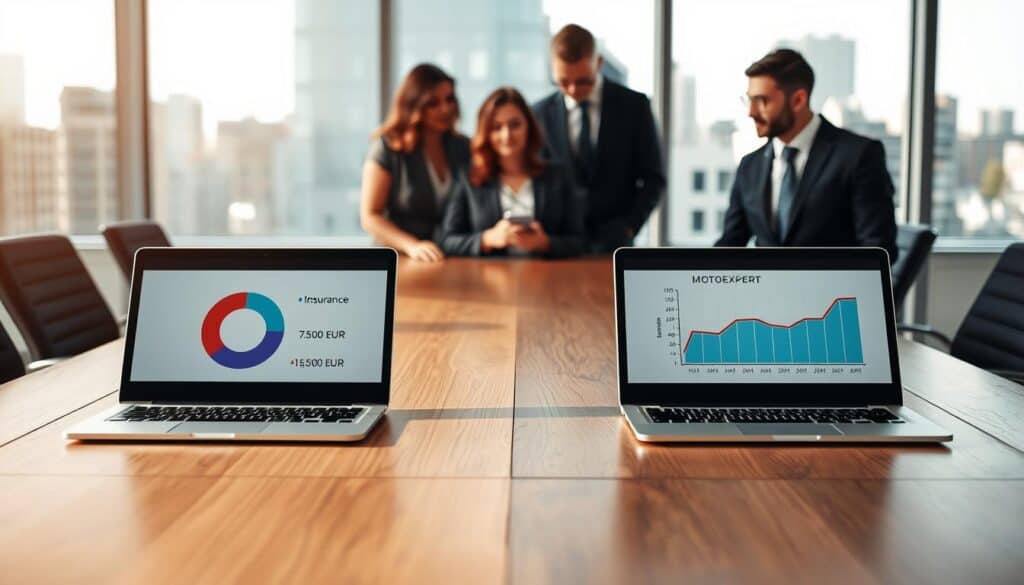 A professional, modern office setting with a sleek wooden conference table at the forefront, displaying two laptops side by side, one showing a pie chart labeled "Insurance Valuation: 7,500 EUR" and the other featuring a graph titled "MOTOEXPERT Valuation: 15,000 EUR." In the middle ground, a diverse group of three business professionals, dressed in smart business attire, are engaged in discussion, analyzing the screens. The background features large windows with a cityscape view, allowing soft, natural light to illuminate the room, creating a bright and focused atmosphere. The mood is collaborative and analytical, emphasizing a comparison of insurance valuations in a corporate context, with a clear focus on financial analysis. A professional, modern office setting with a sleek wooden conference table at the forefront, displaying two laptops side by side, one showing a pie chart labeled "Insurance Valuation: 7,500 EUR" and the other featuring a graph titled "MOTOEXPERT Valuation: 15,000 EUR." In the middle ground, a diverse group of three business professionals, dressed in smart business attire, are engaged in discussion, analyzing the screens. The background features large windows with a cityscape view, allowing soft, natural light to illuminate the room, creating a bright and focused atmosphere. The mood is collaborative and analytical, emphasizing a comparison of insurance valuations in a corporate context, with a clear focus on financial analysis.