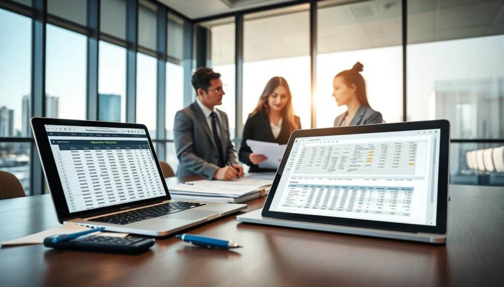 A professional office setting with a modern desk in the foreground, displaying a laptop open to an insurance valuation spreadsheet. Beside the laptop, there are neatly organized papers, a calculator, and a pen. In the middle ground, a diverse group of three professionals in business attire is engaged in a discussion, analyzing reports on the desk. They appear focused and collaborative. In the background, a large window reveals a cityscape, casting soft natural light into the room, creating a sense of clarity and optimism. The atmosphere conveys professionalism and determination, emphasizing preparation and strategy in the context of property insurance valuation. A professional office setting with a modern desk in the foreground, displaying a laptop open to an insurance valuation spreadsheet. Beside the laptop, there are neatly organized papers, a calculator, and a pen. In the middle ground, a diverse group of three professionals in business attire is engaged in a discussion, analyzing reports on the desk. They appear focused and collaborative. In the background, a large window reveals a cityscape, casting soft natural light into the room, creating a sense of clarity and optimism. The atmosphere conveys professionalism and determination, emphasizing preparation and strategy in the context of property insurance valuation.