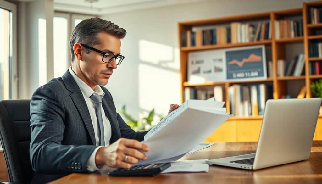 A professional valuation expert in a business suit, carefully reviewing detailed financial documents and reports on a wooden desk, surrounded by modern technology such as a laptop and a calculator. The expert's expression conveys deep concentration and critical analysis. In the background, a large window allows natural light to flood the room, casting soft shadows. The decor is professional yet inviting, featuring bookshelves filled with industry publications. A chart displaying contrasting valuations is subtly visible on the wall, depicting differences between two amounts: 5,900 EUR and 11,800 EUR. The overall atmosphere is serious and focused, emphasizing a meticulous and analytical approach to valuation. The composition is captured with a shallow depth of field, highlighting the expert in sharp focus while the background gently blurs. A professional valuation expert in a business suit, carefully reviewing detailed financial documents and reports on a wooden desk, surrounded by modern technology such as a laptop and a calculator. The expert's expression conveys deep concentration and critical analysis. In the background, a large window allows natural light to flood the room, casting soft shadows. The decor is professional yet inviting, featuring bookshelves filled with industry publications. A chart displaying contrasting valuations is subtly visible on the wall, depicting differences between two amounts: 5,900 EUR and 11,800 EUR. The overall atmosphere is serious and focused, emphasizing a meticulous and analytical approach to valuation. The composition is captured with a shallow depth of field, highlighting the expert in sharp focus while the background gently blurs.
