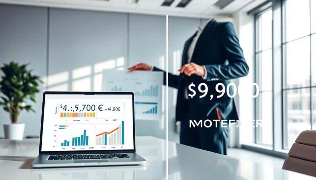 A visually striking comparison illustration showcasing two distinct valuation figures—4,700 EUR for an insurer and 9,900 EUR for MOTOEXPERT. In the foreground, a sleek, modern office desk is adorned with a laptop displaying graphs and charts representing both valuations, perfectly organized. In the middle, a confident professional in a smart business suit stands, gesturing towards a large, elegant flip chart highlighting the key differences in valuation. The background features a bright, well-lit office environment with large windows allowing natural light to illuminate the scene, casting soft shadows. A calm, analytical atmosphere pervades the image, inviting viewers to reflect on the intricate details of valuation differences.